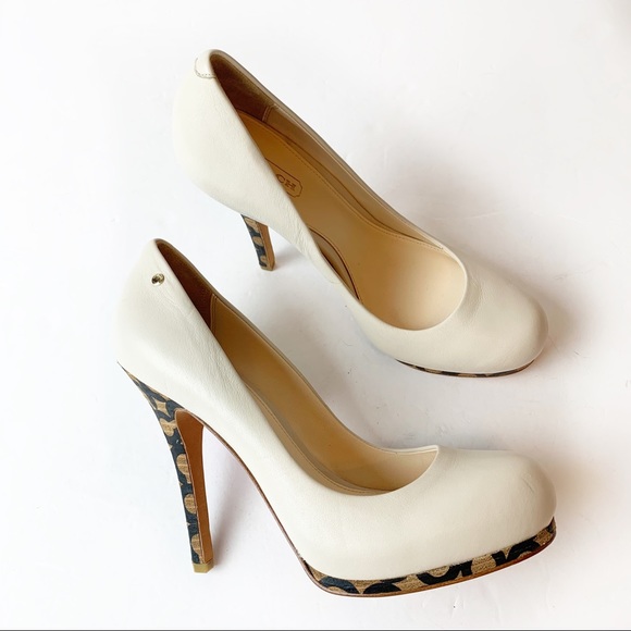 Coach Shoes - NWOT Coach Alexa Calf Leather Logo Heels Parchment